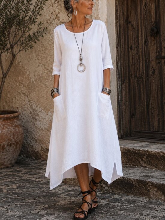 Pure Venice Dresses & Skirts - 100% Italian Linen White Pocket Dress L Pure Venice Boho Lagenlook NWT